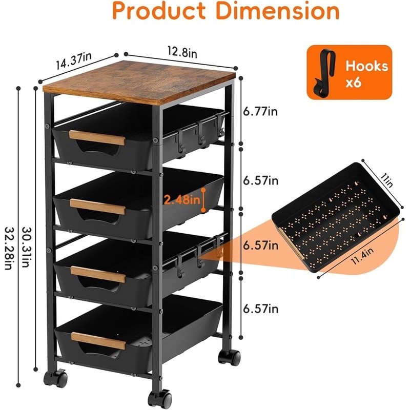 Multi-Functional Rolling Utility Cart W/ Pull-Out Drawers & Ventilated Baskets