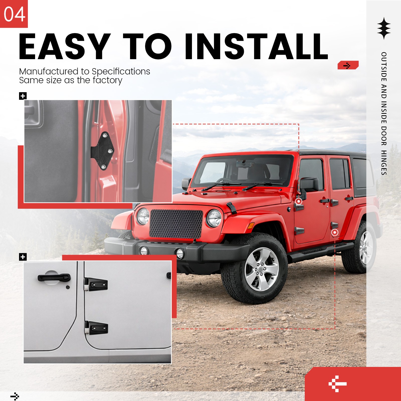 Fits 2007-2018 Jeep Wrangler JK Body Door Hinge Replacement Set Screw-On 16pcs