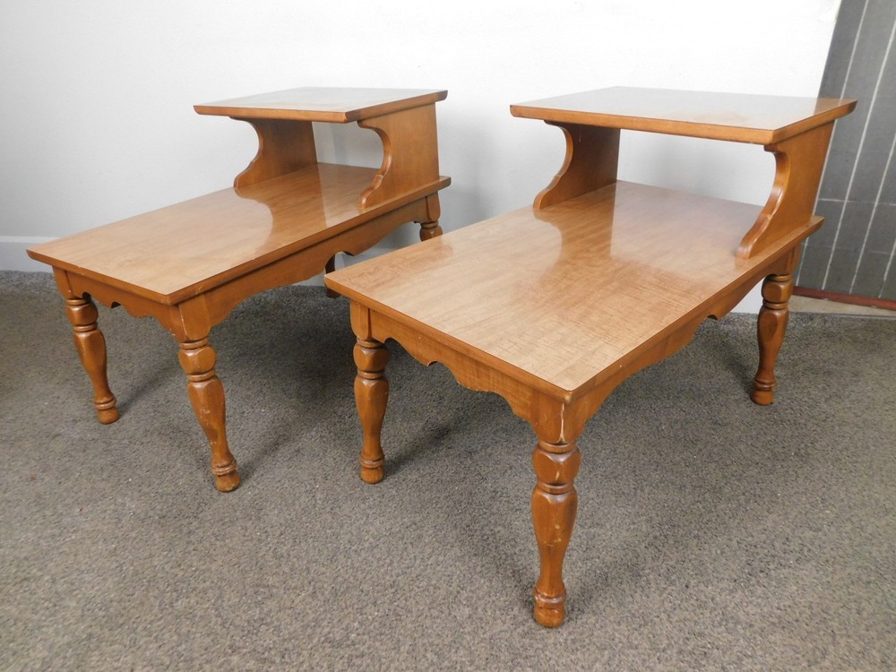 VTG Pair 1950s 2 Tier Step Tables End Lamp Laminate Wet Bar Top Solid Maple