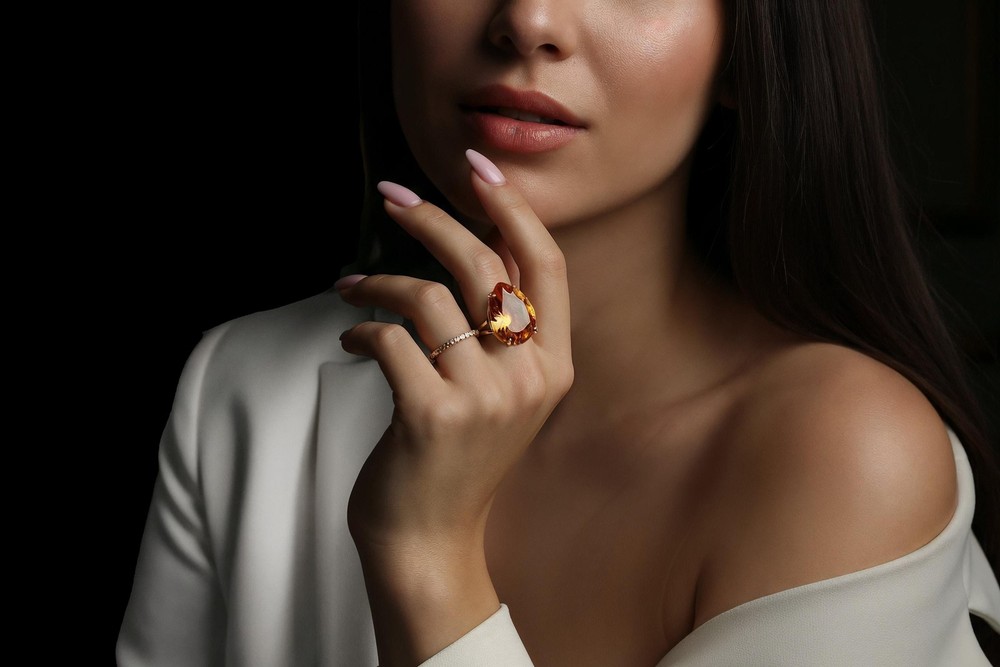 Gold Citrine Ring Anemone Handmade Pear Gemstone Large Teardrop Orange