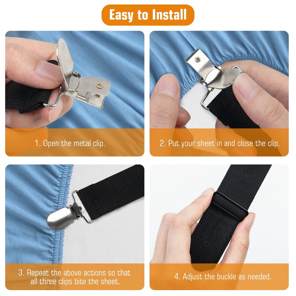 4 Pack Bed Sheet Clips - Adjustable Heavy Duty Fitted Sheet Straps & Fasteners