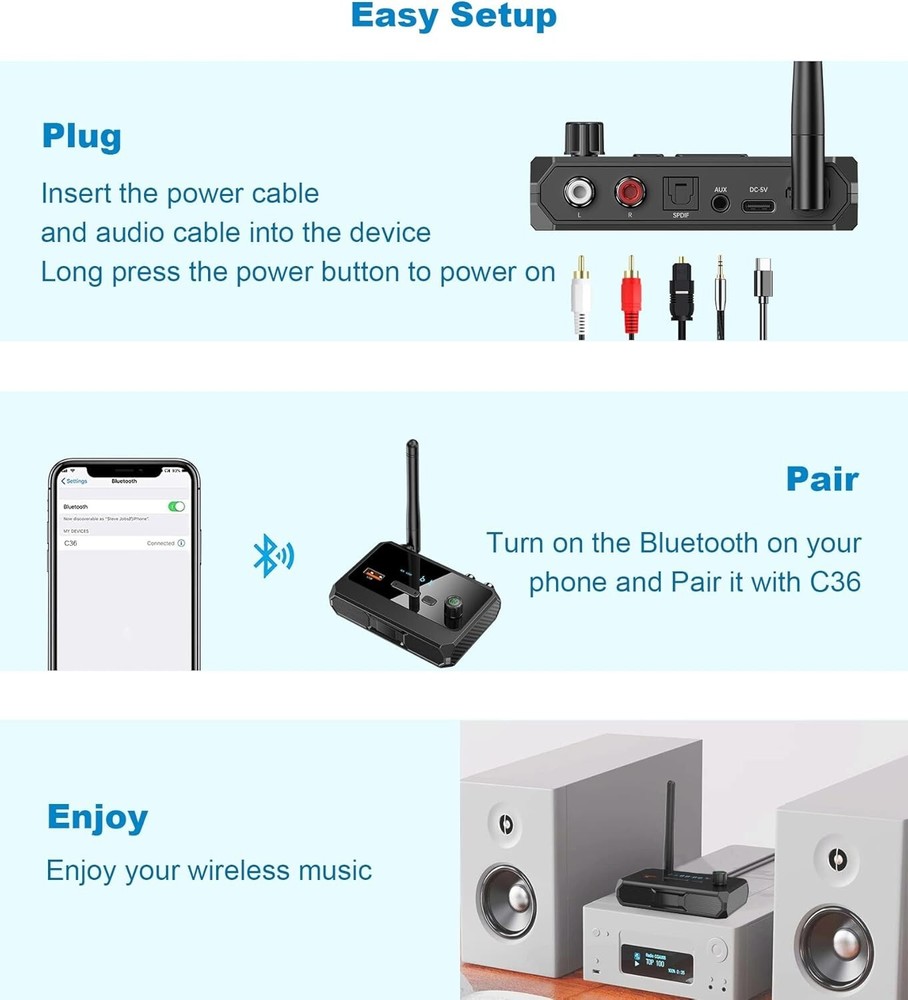 Bluetooth 5.3 Receiver for Stereo, Optical/RCA/AUX/USB Adapter with LCD, Wireles