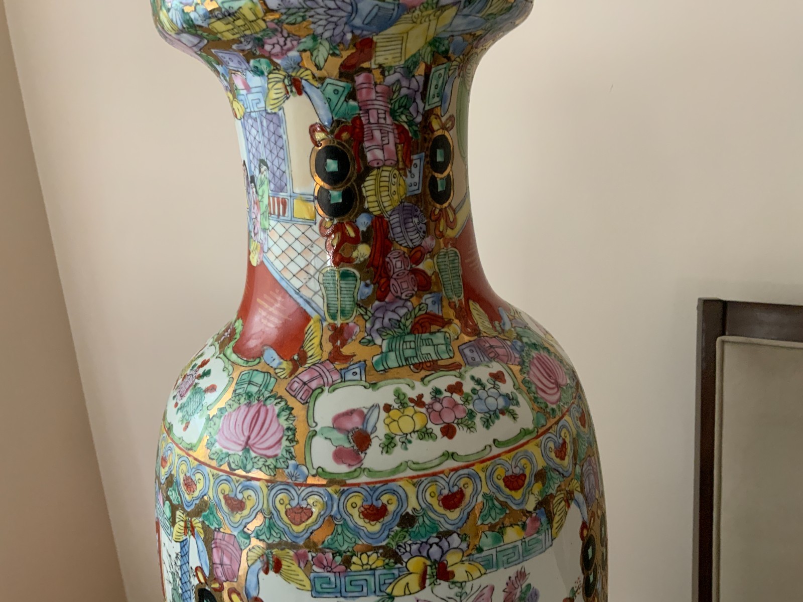 Large 24" Vintage Chinese Polychrome floor vase scenes flowers people