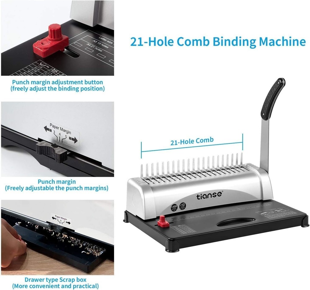 21-Hole Comb Binding Machine with 100pcs Spines - Binds 450 Sheets Effortlessly