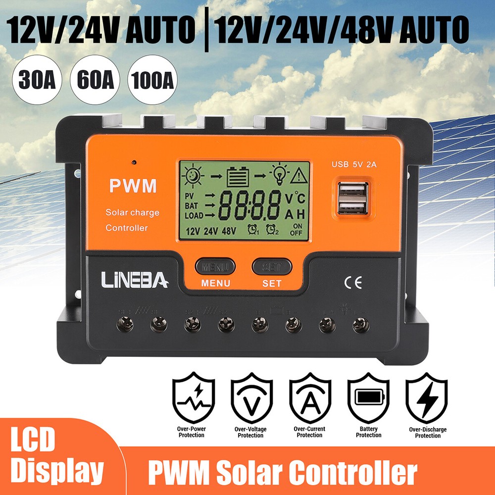 Solar Panel Battery Charge Controller 12V/24V LCD Regulator Auto Track Dual USB