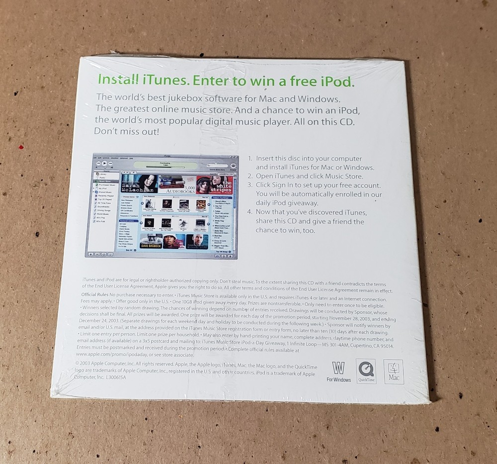 iTunes Mac Windows Jukebox Software Installation Promo 2003 Sealed Apple CD