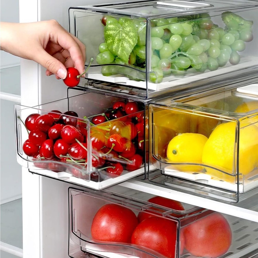 Transparent Food Storage Containers - Stackable Fridge Organizers with 2 Drawers