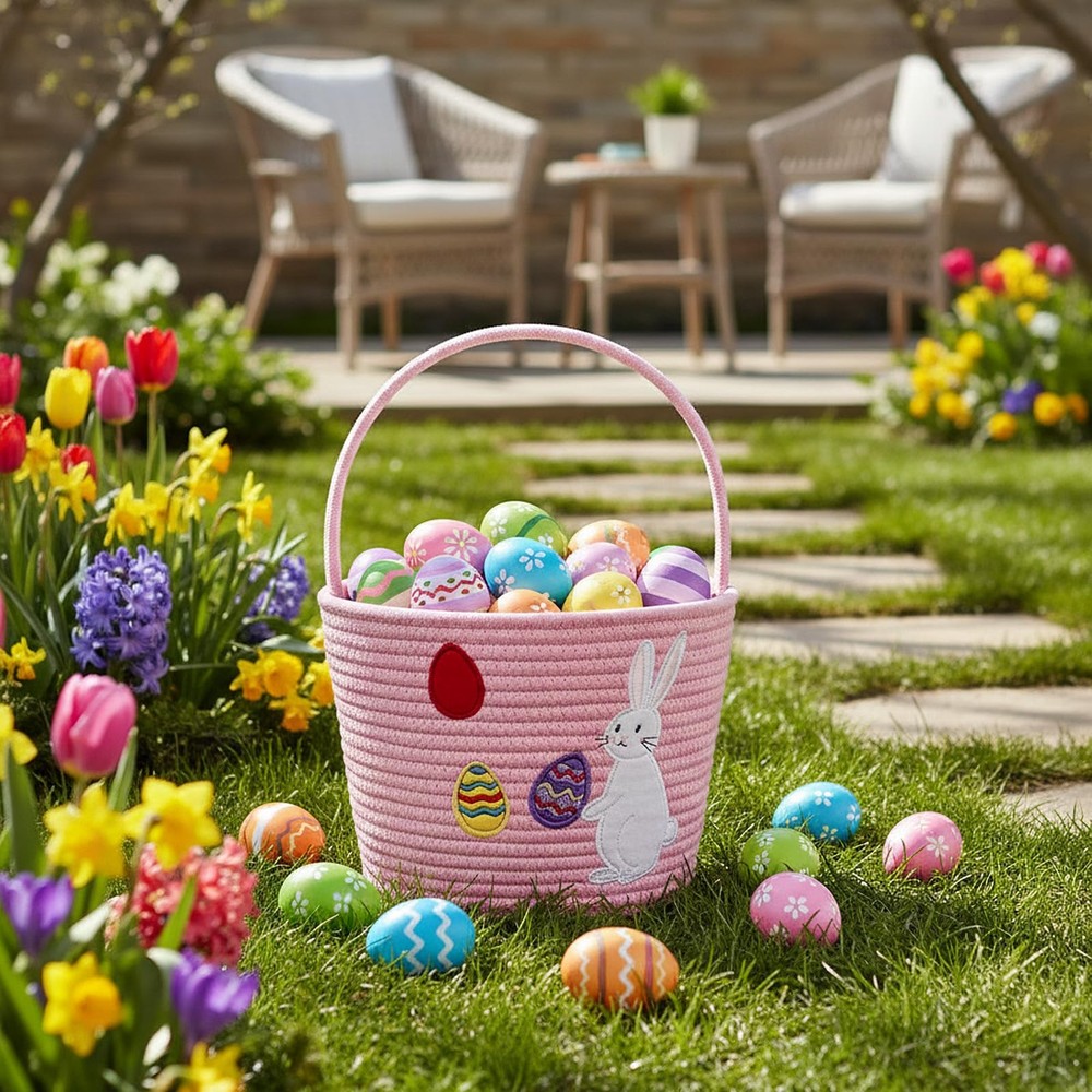 E-FirstFeeling Easter Baskets for Kids,Woven Rope Easter Bunny Basket with Ha...