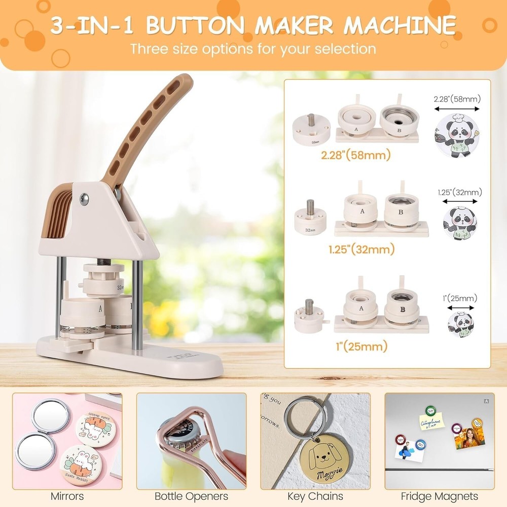 Button Maker Machine 25/32/58mm Handle Stamping Press 300pcs Button Parts