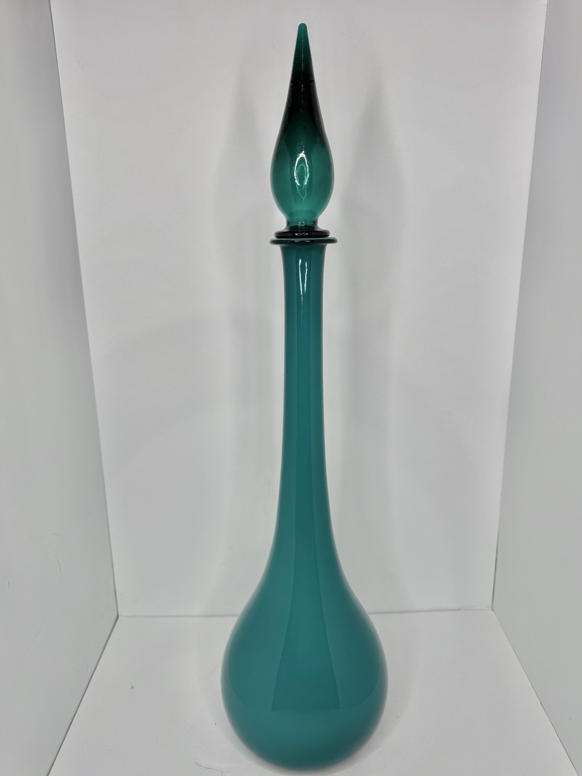 Vintage MCM Empoli Peacock Cased Glass 26.5” Genie Bottle Decanter W/stopper