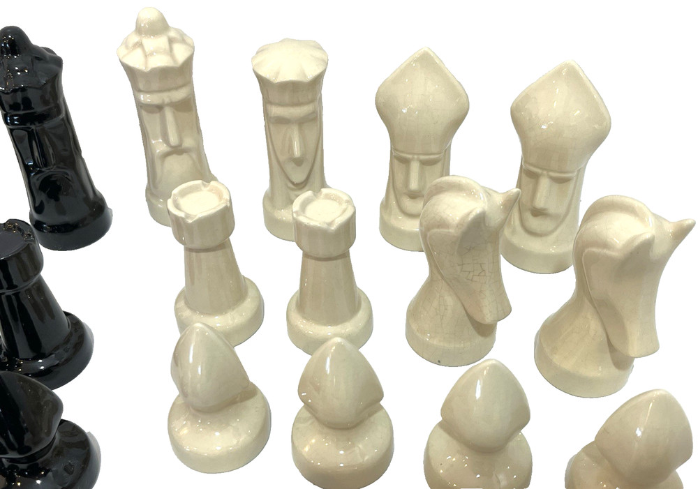 Vintage Ceramic Chess Pieces Set 32 Large White & Black Signed MS On The Bottom