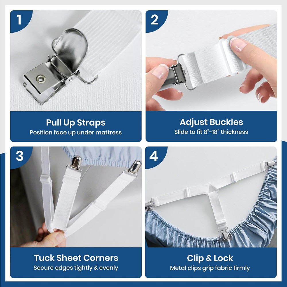 4 PCS Bed Sheet Straps – Adjustable Corner Clips to Keep Fitted Sheets in Place
