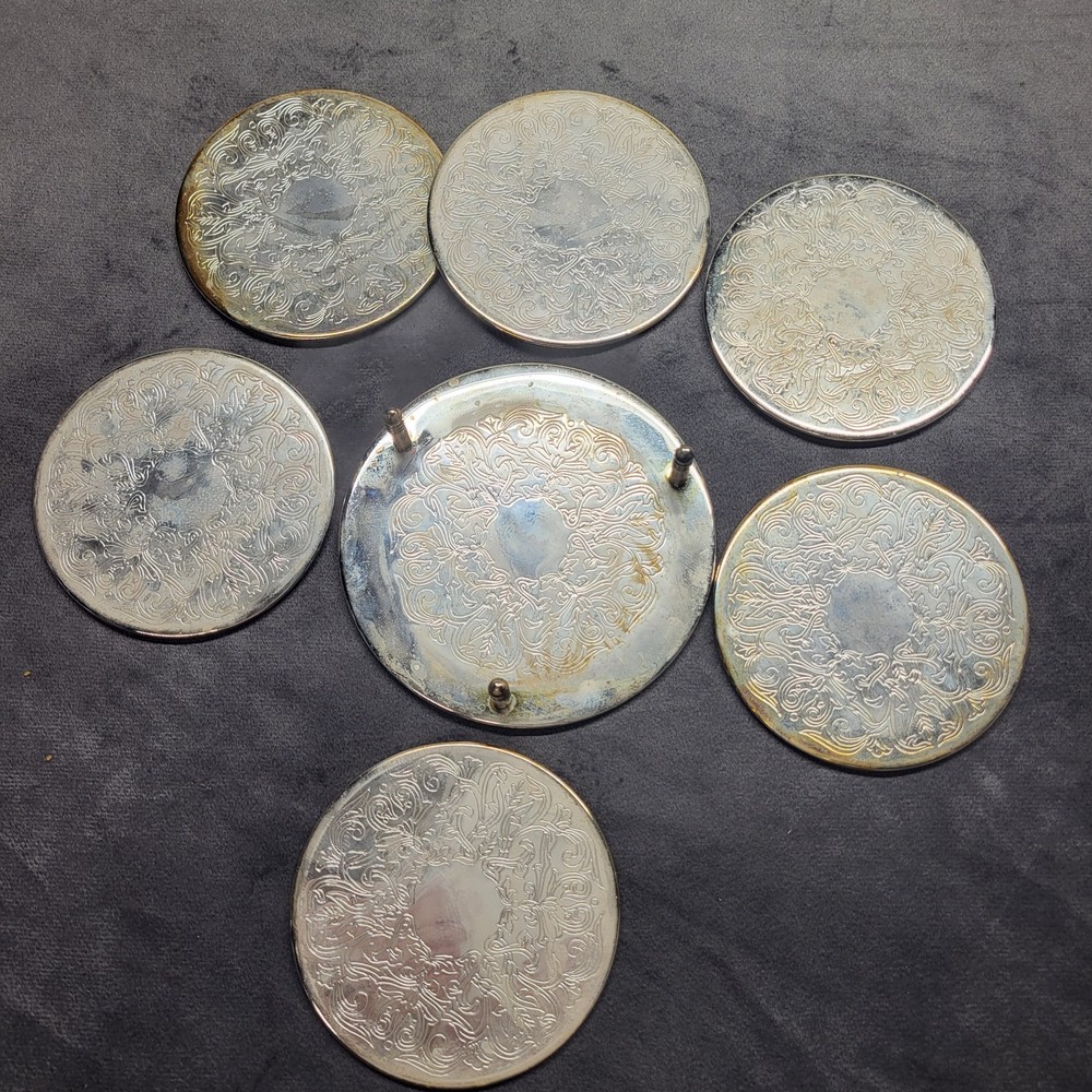 Silverplate Coasters With Stand Caddy 7 Piece Set Needs Polished