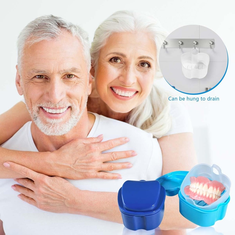 KISEER 2 Pack Denture Bath Case Cup Box 4 Piece Set, Light Blue and