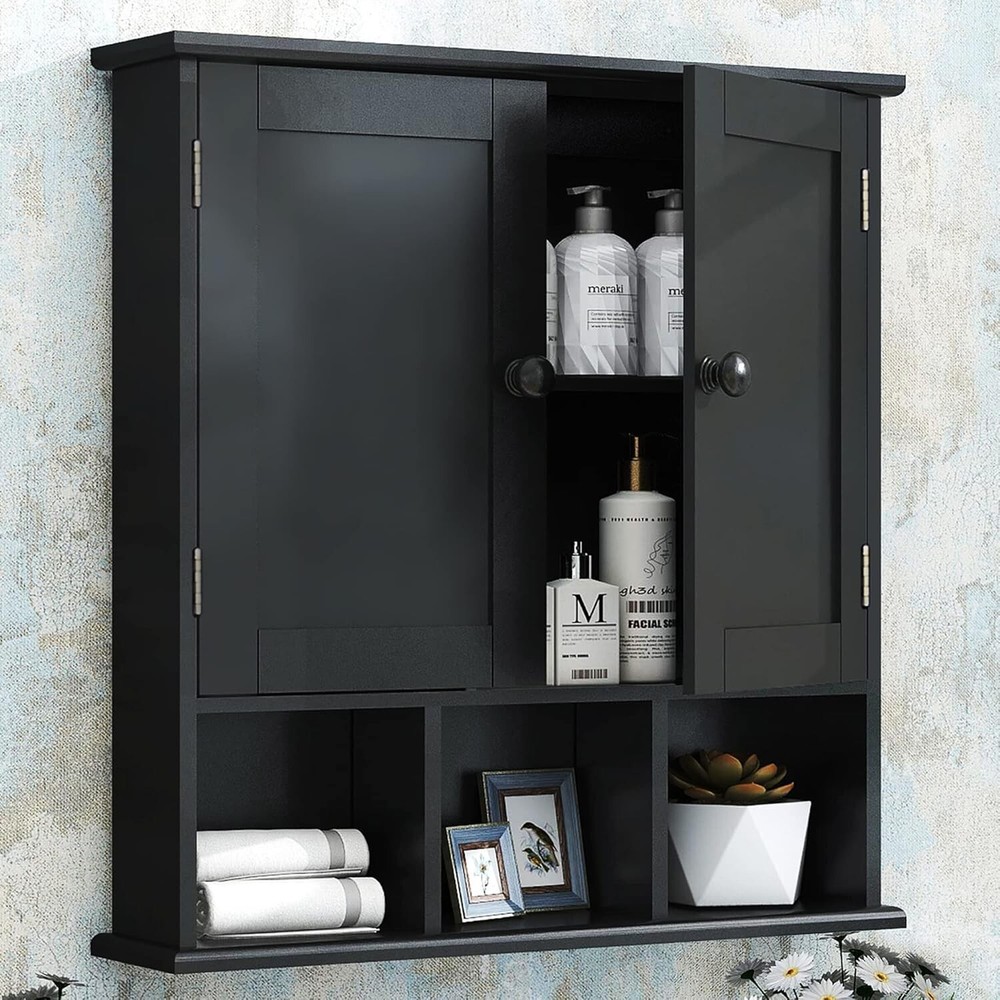 Space-Saving Black Wall Cabinet with 2 Doors and Adjustable Storage Shelves