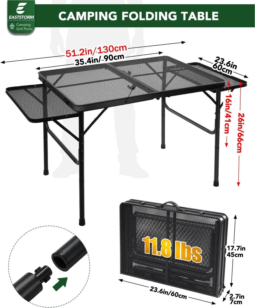 3ft Folding Camping Table W/Wing Panels Adjustable Height Metal Grill Prep Table