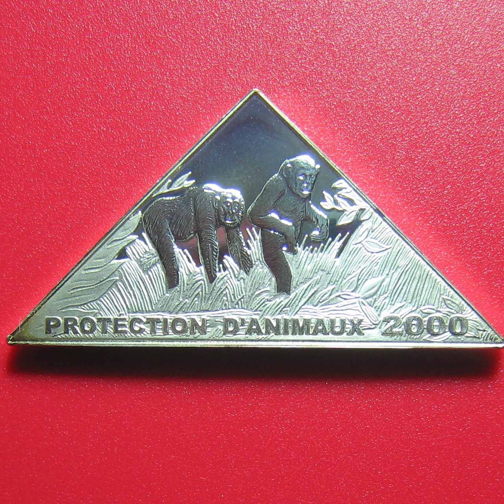 2000 CONGO 10 FRANCS SILVER PROOF CHIMPANZEE WALKING LION RARE! TRIANGULAR COIN