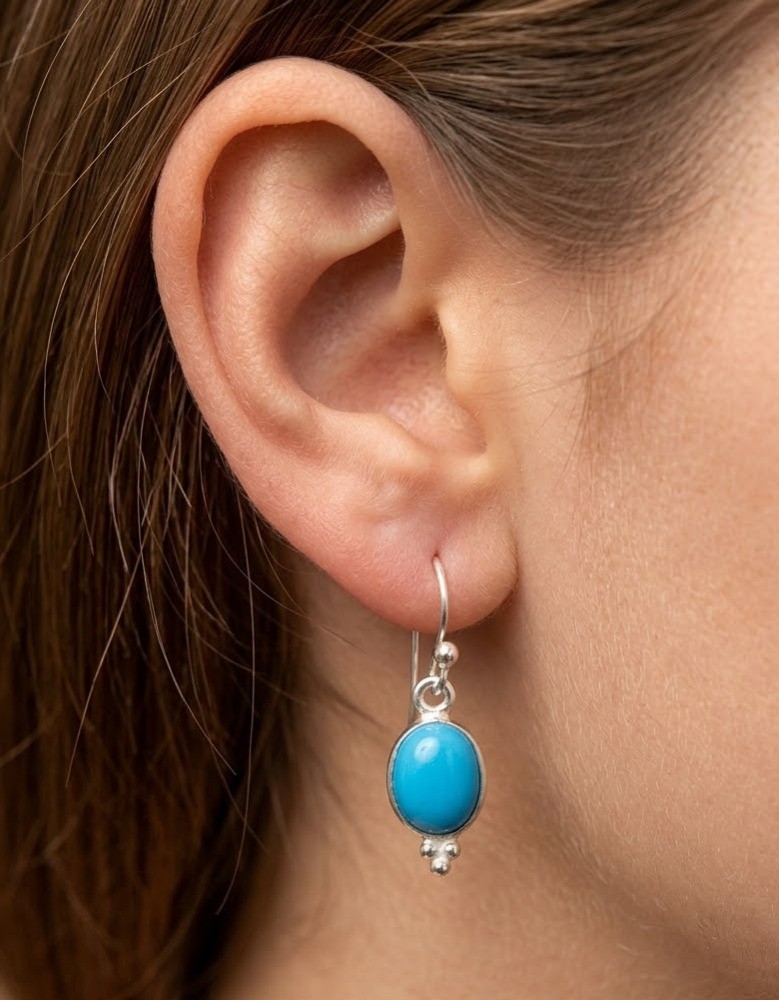 925 Solid Sterling Silver Sleeping Beauty Turquoise Oval Hook Earring-1.2"