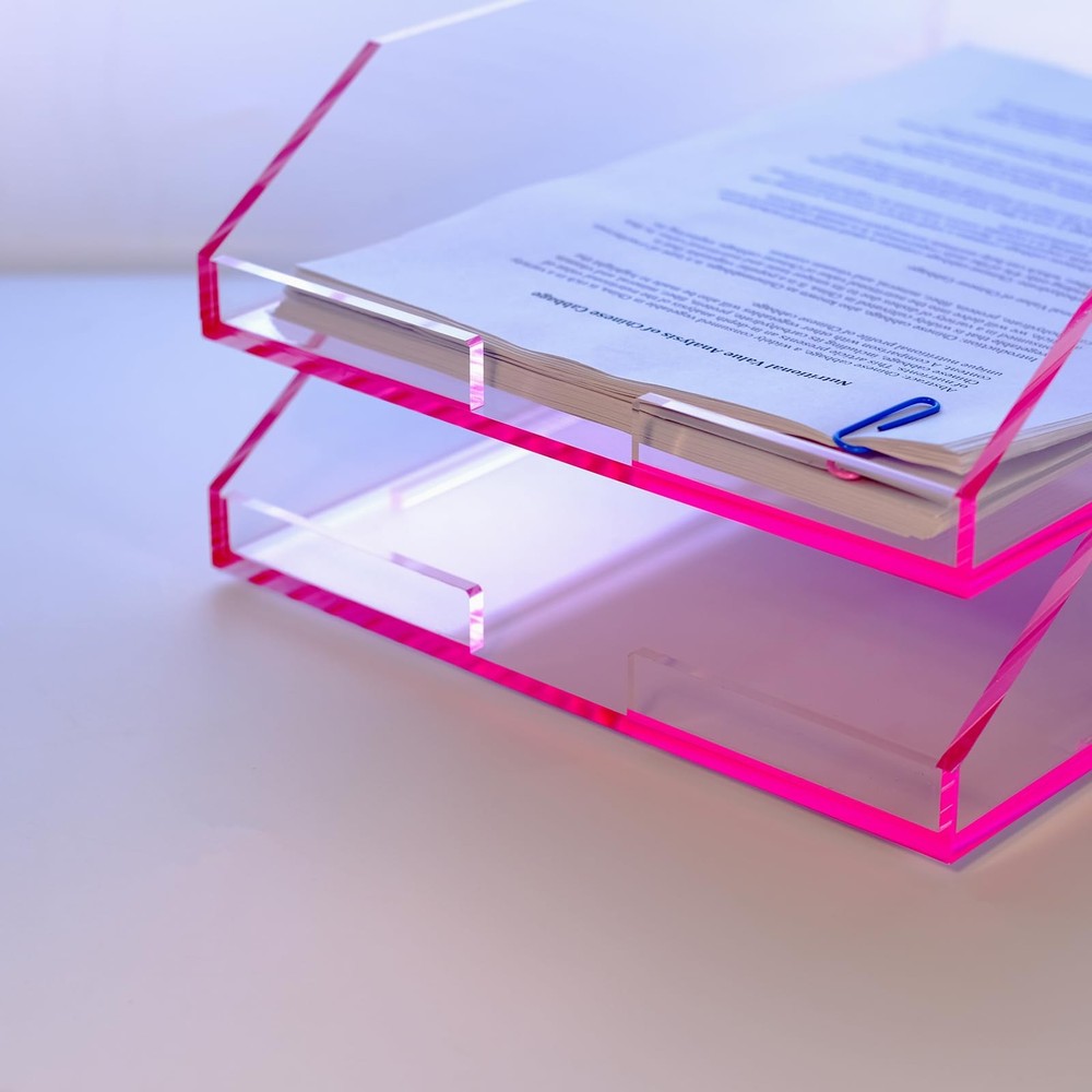 2pcs Pack Stackable Pink Acrylic Paper Trays, Desk File Organizer, A4 Paper H...