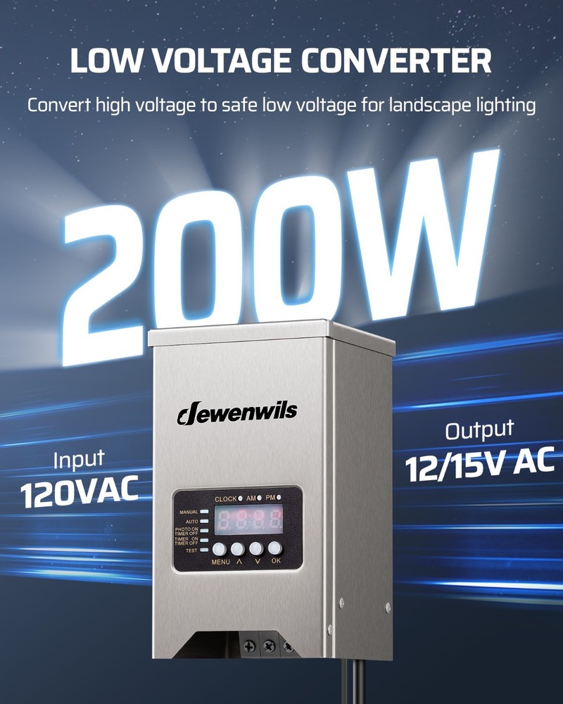 Low Voltage Transformer 200W Outdoor with Photocell Sensor Timer Waterproof