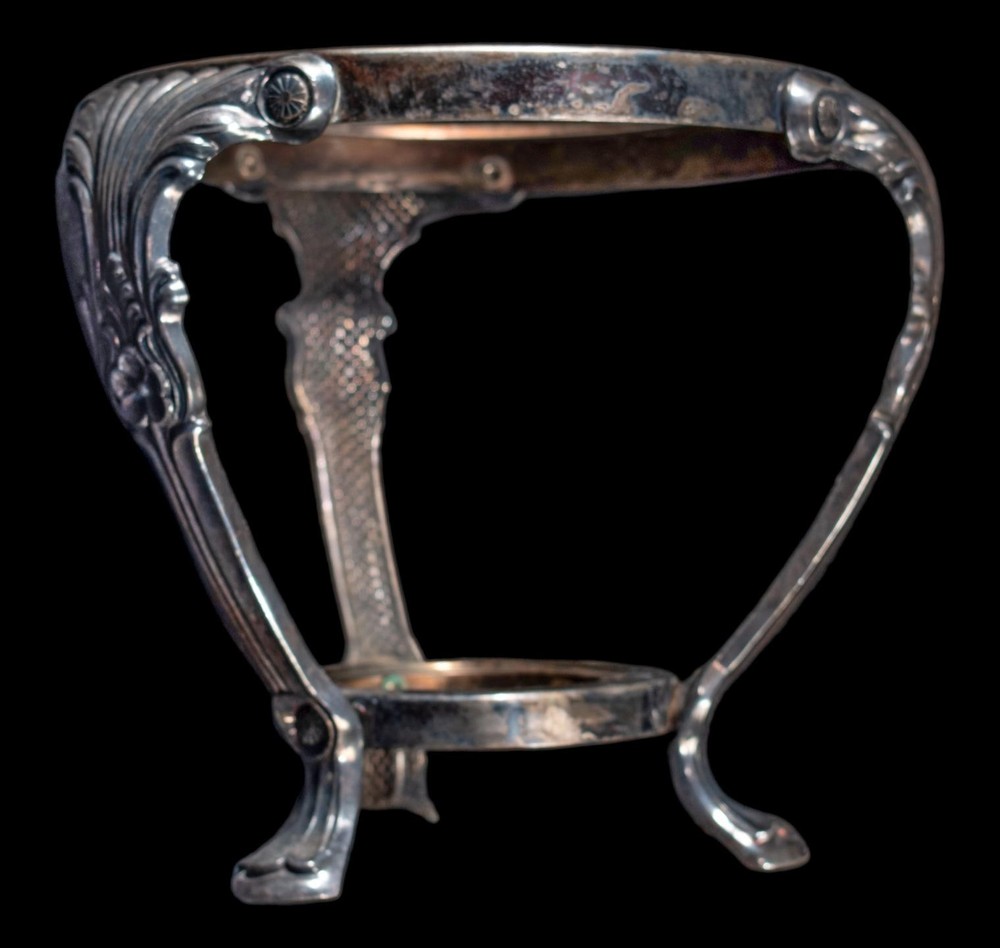 Antique Silver Plate Ornate Teapot Kettle Stand with Burner Hole Floral Design