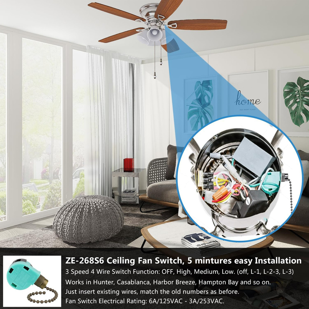 2PCS Ceiling Fans 3 Speed 4 Wire Pull Chain Switch Compatible with Hunter, Hampt