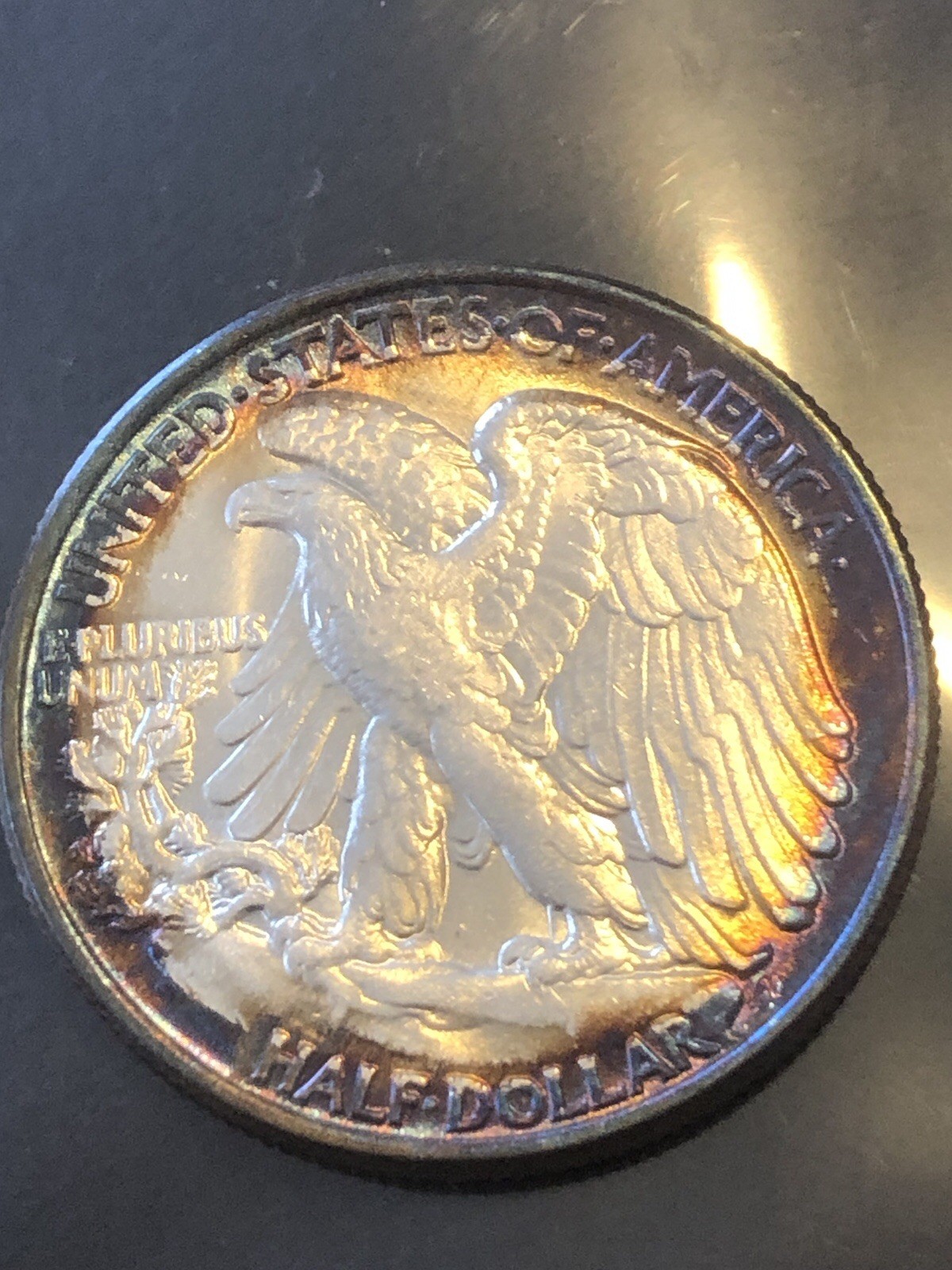 1945 W Walking Liberty Half Dollar Rainbow Toned BU