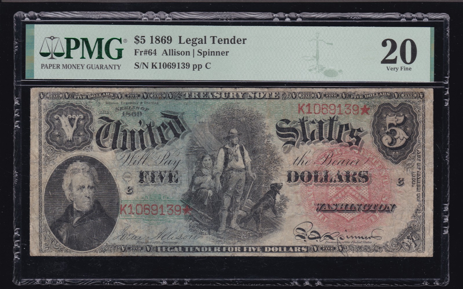 US 1869 $5 Rainbow Legal Tender FR 64 PMG 20 VF (139)