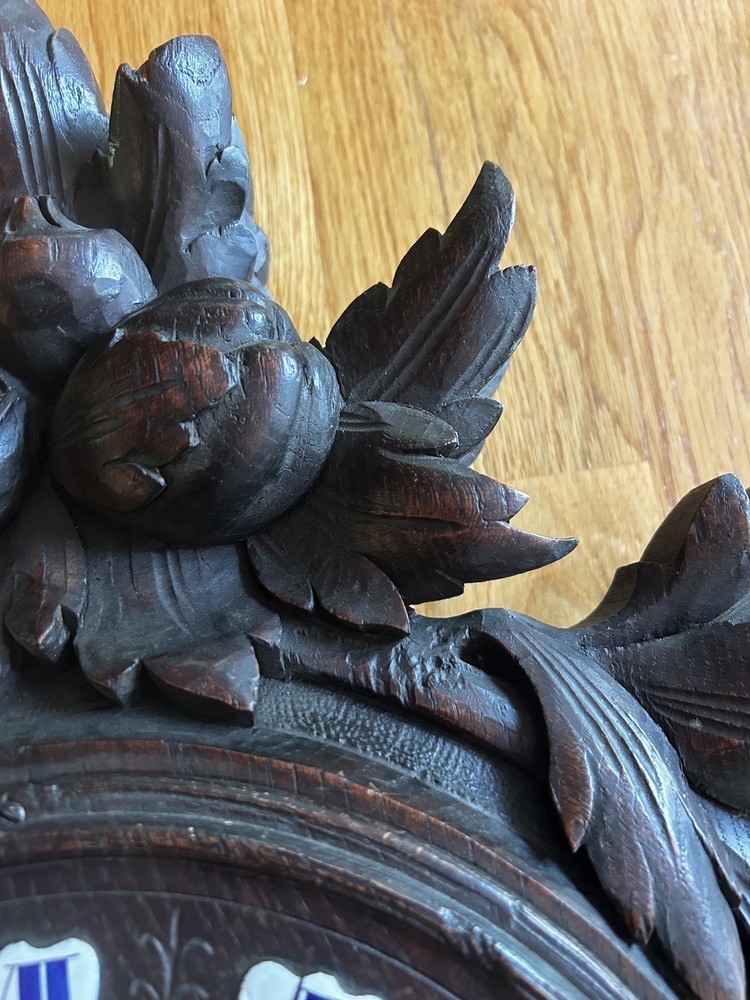 LARGE BLACK FOREST wood carving wall clock nuts/berrys theme, MISSING Pendulum