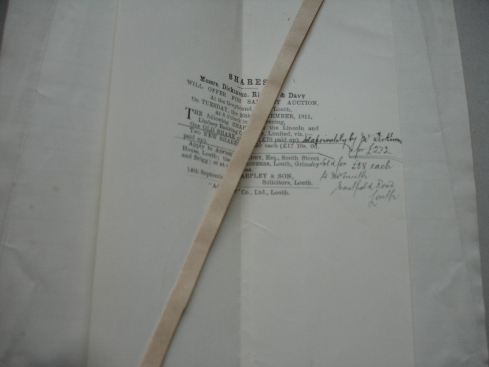 1911 Auction Sale Notice Shares Lincoln & Lindsey Bank in Louth sale price notes