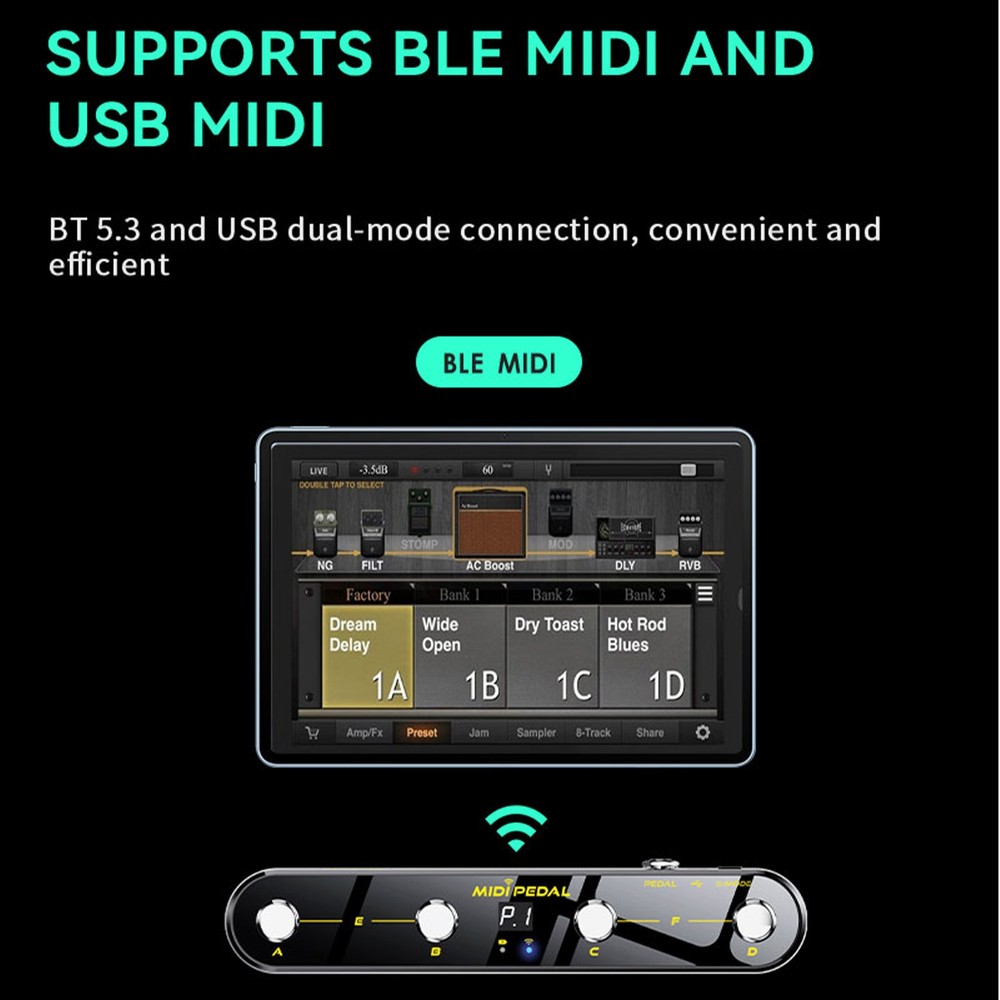 Wireless MIDI Controller Pedal 5 Modes Digital Display 25Hrs USB VCLF