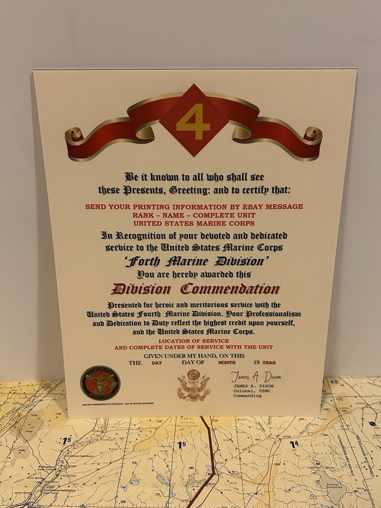 U.S.M.C. / FOURTH MARINE DIVISION ~DIVISION COMMENDATION REPLACEMENT CERTIFICATE
