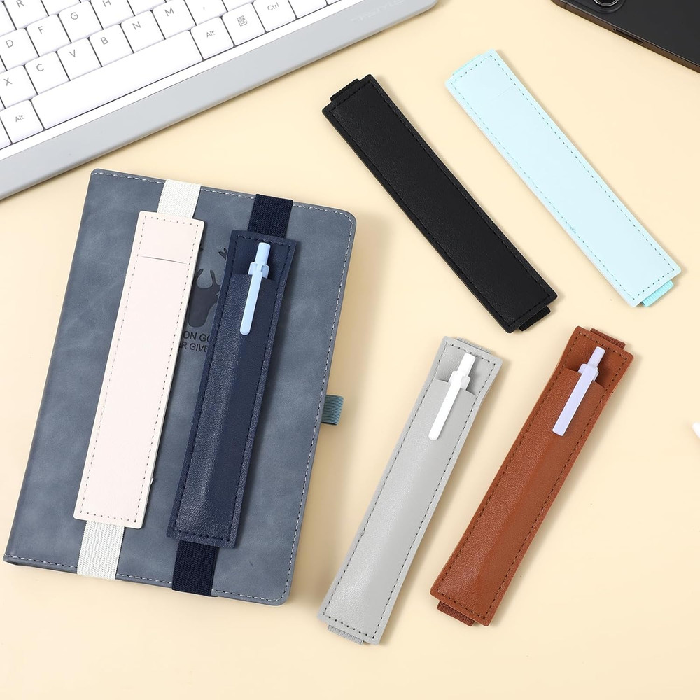 6Pcs Elastic Notebook Pen Holder Adjustable Straps Leather Pen Sleeve Pouch for