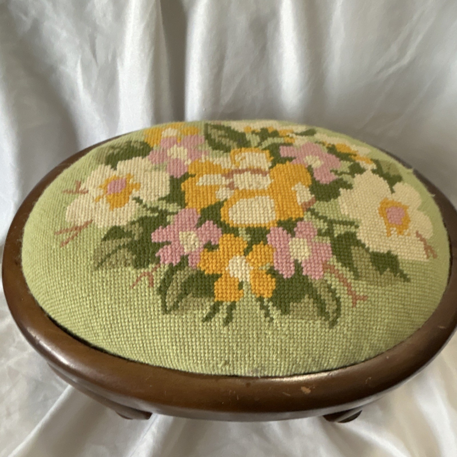 Antique Oval Wooden Footstool Floral Needlepoint Removable Top