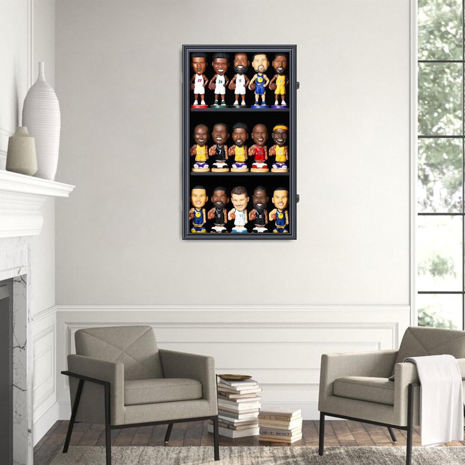 Bobblehead Display Case 15 Pcs Action Figure Black Wall Wood Cabinet Shadow Box