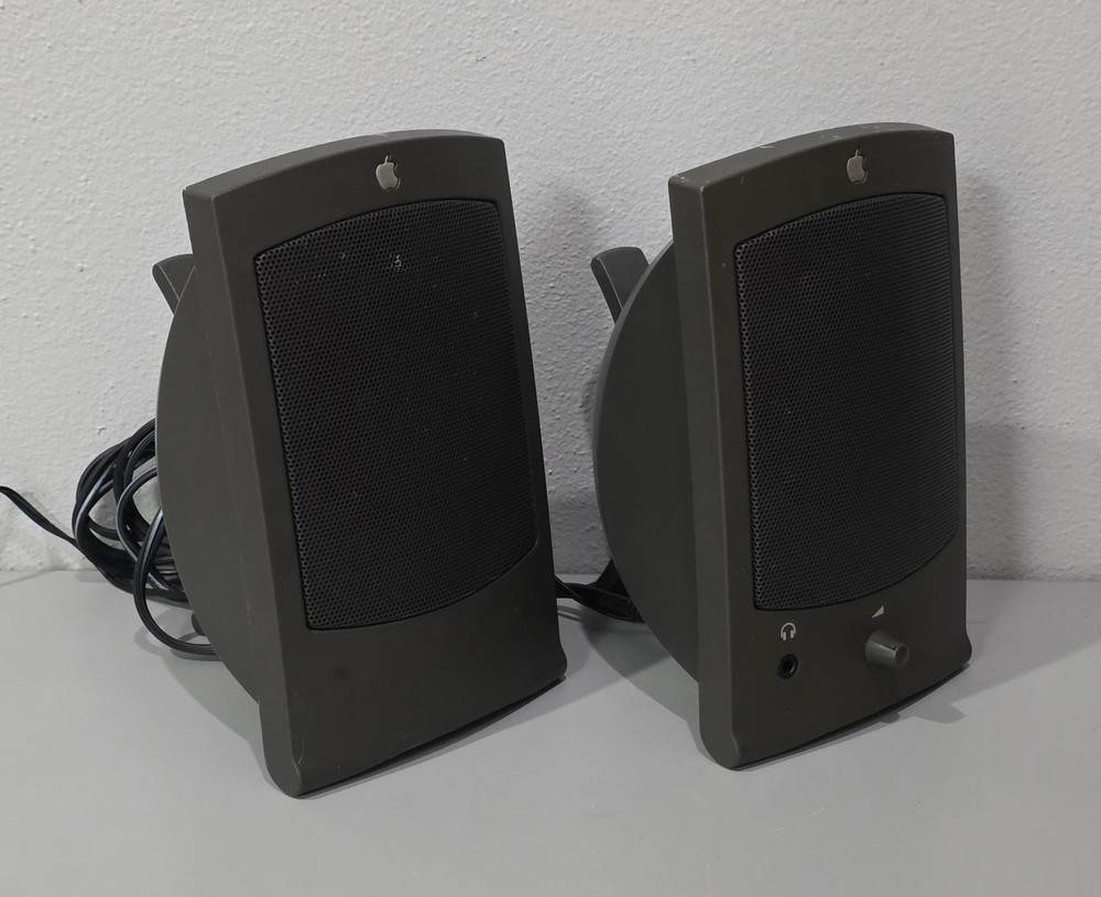 Vintage AppleDesign Wired Apple Computer Speakers M2497 Gray 1993 Pair + Cables