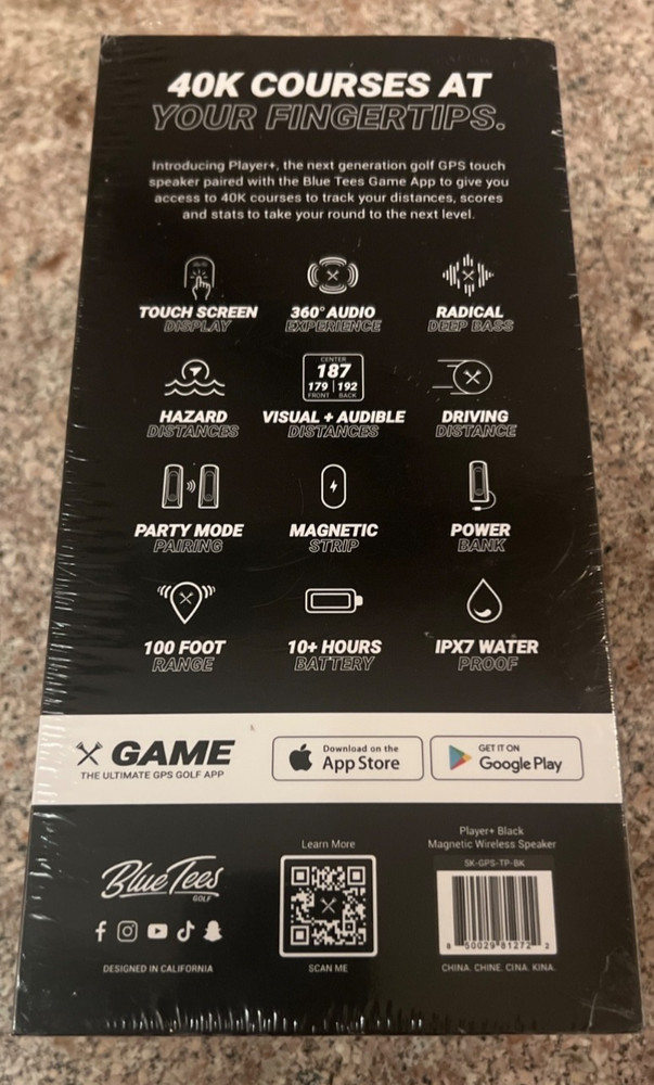Blue Tees Player Plus Magnetic Bluetooth GPS Touch Golf Speaker 40k Courses NEW