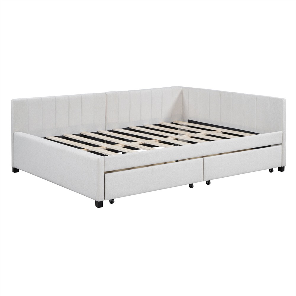 Full Size Daybed Upholstered Bed Frame Sofa Bed with 2 Storage Drawer Beige