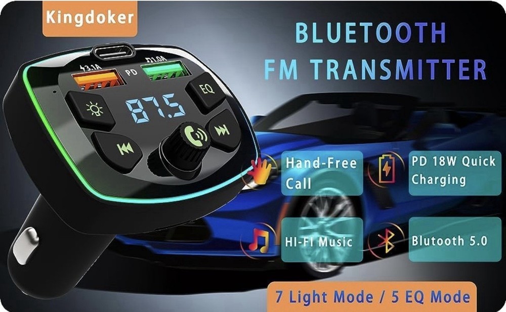 Bluetooth FM Transmitter, Dual USB Port and PD Type C Car Charger
