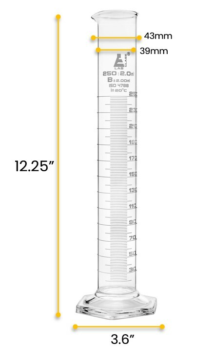 Eisco Labs 250ml Graduated Cylinder, Class B, White Graduations, Hexagonal Base