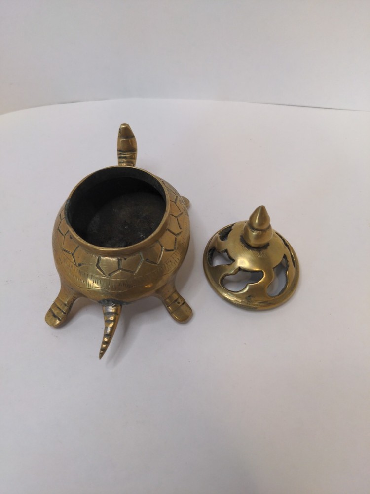 Vintage Small Heavy Solid Brass Engraved Turtle Incense Burner With Lid