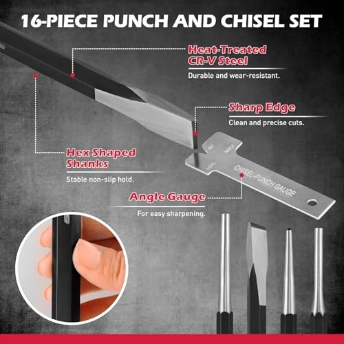 25-Piece Punch and Chisel Set with Roll Pin Punches, Includes Taper, Pin,