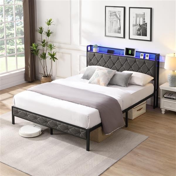 Full Bed Frame Storage Headboard with Charging Station&LED Lights Dark Gray NEW