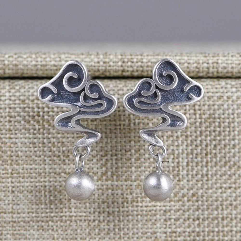 Solid 925 Sterling Silver Stud Women Lucky Retro Cloud Bead Dangle Earrings