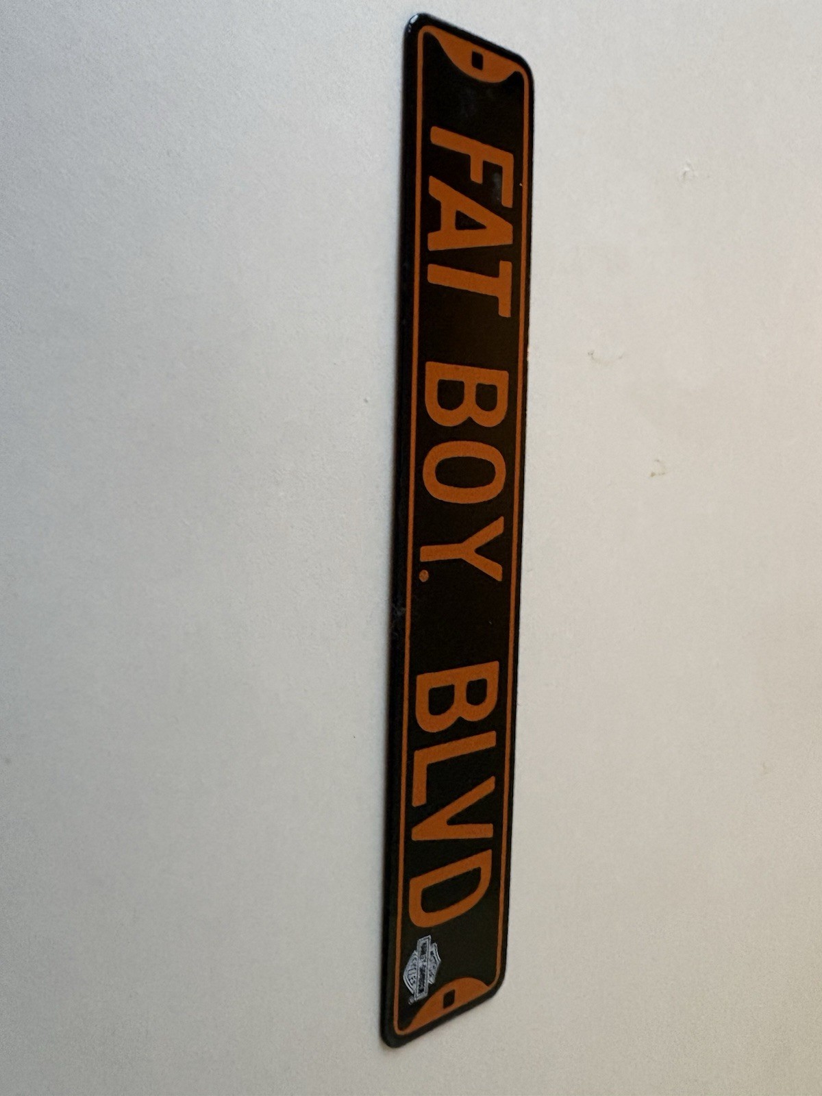 Harley Davidson MINIATURE Enameled Metal Boulevard Fat Boy Novelty Sign 6” x 1”