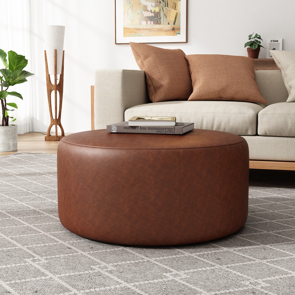 Upholstered Round Ottoman,PU Leather,Brown
