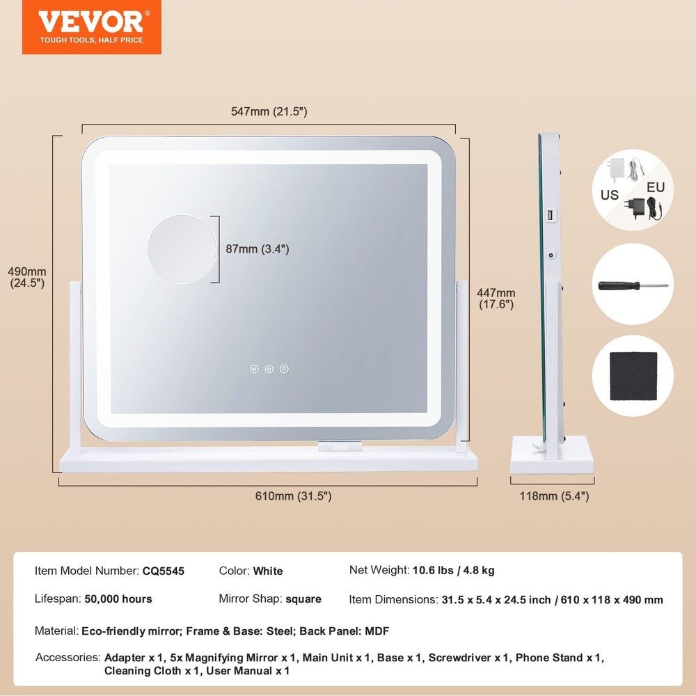 Vanity Mirror with Lights, Three Color Lighting Modes, Lighted Makeup LED Mirror
