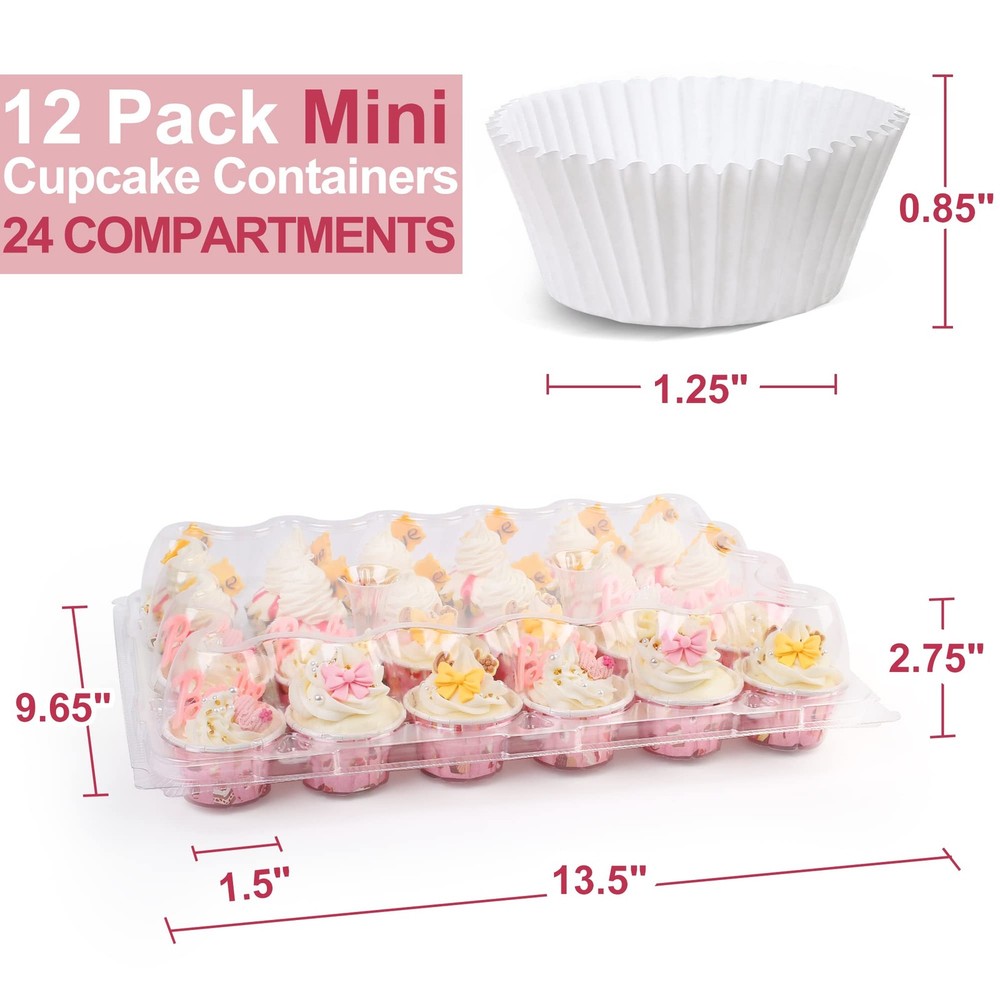 (24 Count x 12 Sets) Mini Cupcake Containers with 288 Liners, Plastic Cupcake...