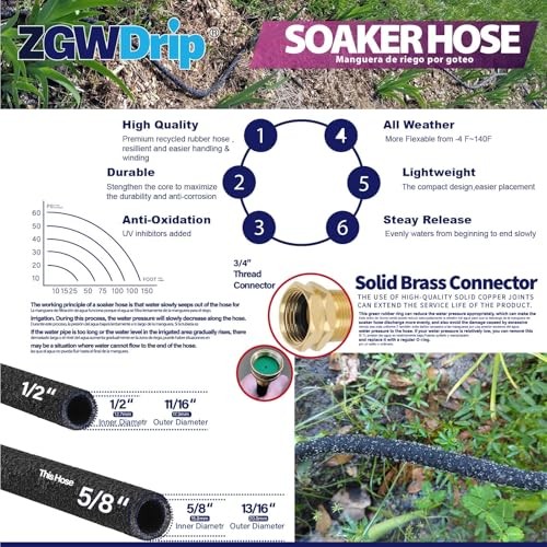 50FT 5/8" Water-Saving Soaker Hose with Solid Brass Connectors, High-Flow 50 FT