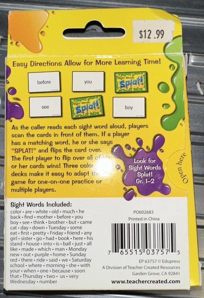 Fast Paced Tabletop Game For Learning 75 Sight Words Grades K-1 Multi Player